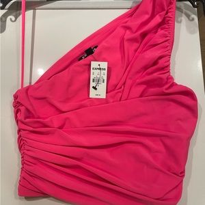 Express Hot Pink Matte Jersey Ruched One Shoulder Cropped Top